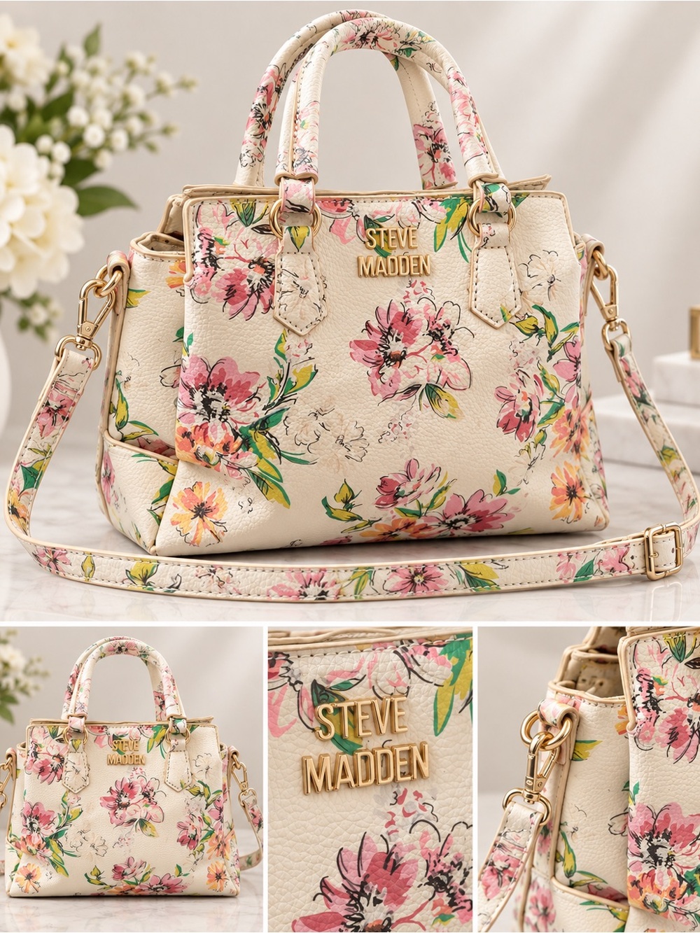 Steve Madden Cream Floral Mini Satchel with Pink & Green Accents